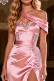 One Shoulder Pink A-Line Sequin Maxi Prom Dress With Slit