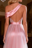 One Shoulder Pink A-Line Sequin Maxi Prom Dress With Slit