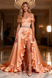 Off The Shoulder Ruffle A-Line Orange Beaded Prom Dress With Slit