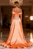 Off The Shoulder Ruffle A-Line Orange Beaded Prom Dress With Slit