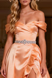 Off The Shoulder Ruffle A-Line Orange Beaded Prom Dress With Slit