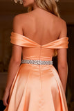 Off The Shoulder Ruffle A-Line Orange Beaded Prom Dress With Slit