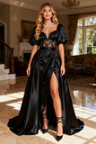 Black A-Line Lace Short Sleeve Satin Prom Dress With Slit