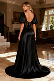 Black A-Line Lace Short Sleeve Satin Prom Dress With Slit