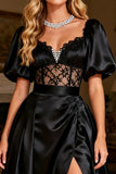 Black A-Line Lace Short Sleeve Satin Prom Dress With Slit