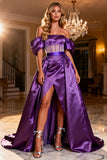 Purple Satin A-Line Off The Shoulder Prom Dress With Slit