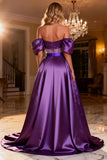 Purple Satin A-Line Off The Shoulder Prom Dress With Slit