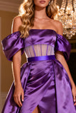 Purple Satin A-Line Off The Shoulder Prom Dress With Slit