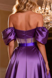 Purple Satin A-Line Off The Shoulder Prom Dress With Slit