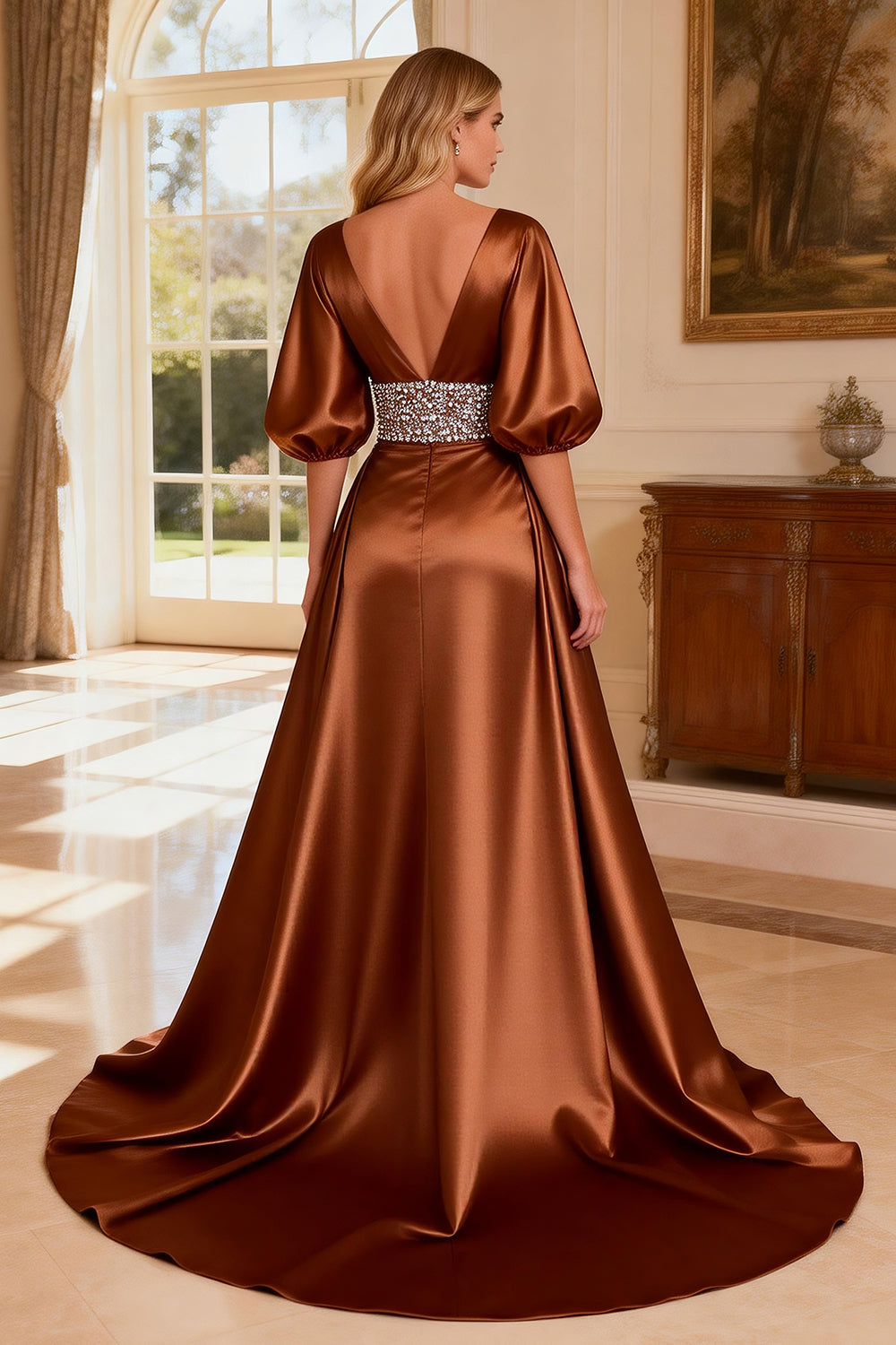 Berylove Women Bronze Evening Dress With Beading A-Line Satin V-Neck Half Sleeve Maxi Formal Dress With Slit, Bronze / US4 Berylove Women Bronze Evening Dress With Beading A-Line Satin V-Neck Half Sleeve Maxi Formal Dress With Slit, Bronze / US4