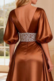 Bronze A-Line Beaded Satin V-Neck Evening Dress With Slit