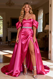 Hot Pink A-Line Beaded Off The Shoulder Prom Dress With Slit