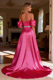 Hot Pink A-Line Beaded Off The Shoulder Prom Dress With Slit