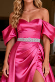 Hot Pink A-Line Beaded Off The Shoulder Prom Dress With Slit