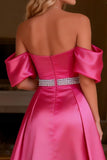 Hot Pink A-Line Beaded Off The Shoulder Prom Dress With Slit