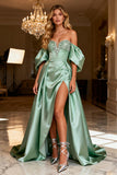 Off The Shoulder Sage Green Satin A-Line Prom Dress With Slit