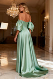 Off The Shoulder Sage Green Satin A-Line Prom Dress With Slit