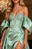 Off The Shoulder Sage Green Satin A-Line Prom Dress With Slit
