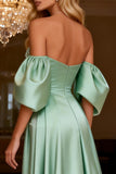 Off The Shoulder Sage Green Satin A-Line Prom Dress With Slit