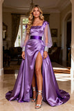 Purple Satin Sheer Long Sleeve A-Line Prom Dress With Slit