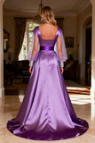 Purple Satin Sheer Long Sleeve A-Line Prom Dress With Slit
