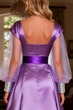 Purple Satin Sheer Long Sleeve A-Line Prom Dress With Slit