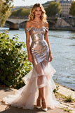 Sparkly Champagne Mermaid Off The Shoulder Prom Dress With Ruffles