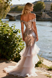 Sparkly Champagne Mermaid Off The Shoulder Prom Dress With Ruffles