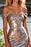 Sparkly Champagne Mermaid Off The Shoulder Prom Dress With Ruffles