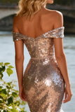 Sparkly Champagne Mermaid Off The Shoulder Prom Dress With Ruffles