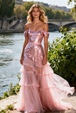 Pink A-Line Off The Shoulder Maxi Prom Dress With Sequins