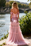 Pink A-Line Off The Shoulder Maxi Prom Dress With Sequins
