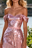 Pink A-Line Off The Shoulder Maxi Prom Dress With Sequins