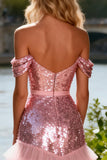 Pink A-Line Off The Shoulder Maxi Prom Dress With Sequins