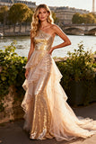 Sparkly Gold One Shoulder Mermaid Prom Dress With Ruffles