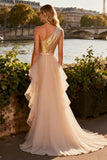 Sparkly Gold One Shoulder Mermaid Prom Dress With Ruffles