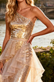 Sparkly Gold One Shoulder Mermaid Prom Dress With Ruffles
