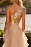 Sparkly Gold One Shoulder Mermaid Prom Dress With Ruffles
