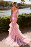 One Shoulder Pink Mermaid Sequin Prom Dress With Ruffles