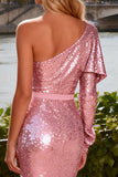 One Shoulder Pink Mermaid Sequin Prom Dress With Ruffles