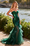 Strapless Dark Green Mermaid Prom Dress with Sequins