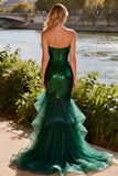 Strapless Dark Green Mermaid Prom Dress with Sequins