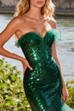 Strapless Dark Green Mermaid Prom Dress with Sequins