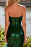 Strapless Dark Green Mermaid Prom Dress with Sequins