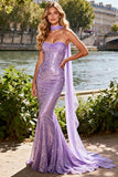 Light Purple Strapless Mermaid Sequin Prom Dress With Sash