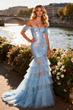 Sparkly Sky Blue Mermaid Off The Shoulder Prom Dress