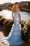 Sparkly Sky Blue Mermaid Off The Shoulder Prom Dress