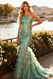 One Shoulder Sequin Sage Green Tulle Mermaid Prom Dress