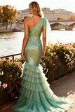 One Shoulder Sequin Sage Green Tulle Mermaid Prom Dress