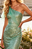 One Shoulder Sequin Sage Green Tulle Mermaid Prom Dress